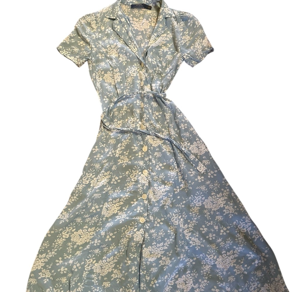 - Ralph Lauren Floral baby blue belted shirt dress